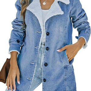 Cozy Teddy Lined Button Pocket Oversized Jean Denim Jacket Coat